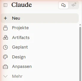 Claude Tutorial: Seitenleiste von claude.ai mit Neu, Projekte, Artifacts, Geplant, Design, Anpassen und Mehr