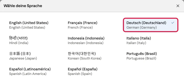 Fenster Wähle deine Sprache mit rot markierter Kachel Deutsch (Deutschland) und Haken