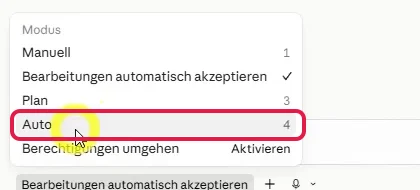 Geöffnete Auswahl der Berechtigungsmodi in Claude Code mit markiertem Eintrag Auto