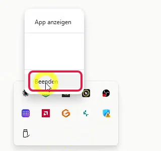 Rechtsklick auf das Claude-Symbol in der Windows-Taskleiste mit markiertem Eintrag Beenden