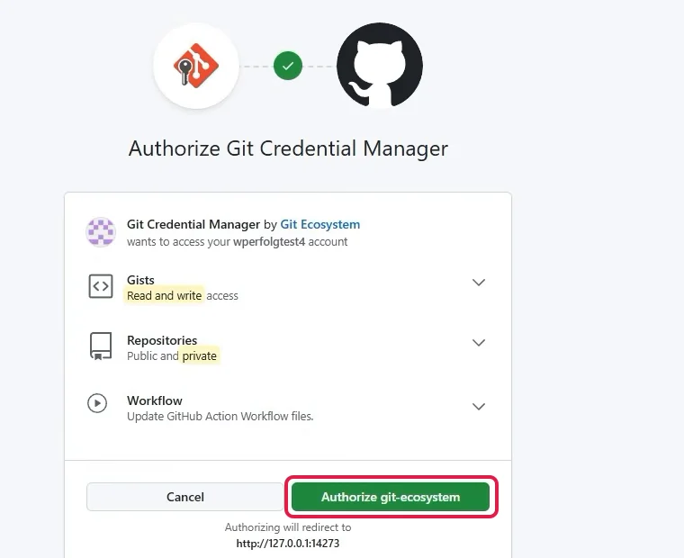 GitHub-Seite mit markiertem grünem Authorize-Knopf