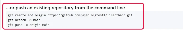 Markierter Befehlsblock push an existing repository auf der GitHub-Seite
