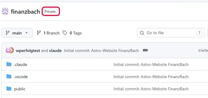 GitHub-Repository mit den hochgeladenen Dateien und dem markierten Schild Private