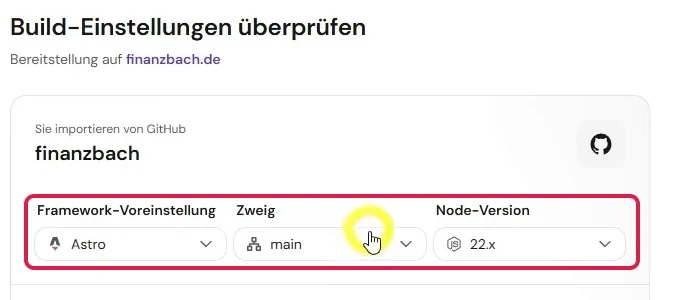 Build-Einstellungen bei Hostinger mit erkanntem Astro-Framework, Zweig main und Node-Version