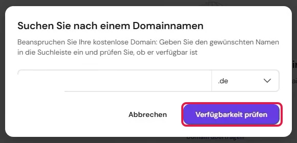 Domain-Suche bei Hostinger mit markiertem Knopf Verfügbarkeit prüfen