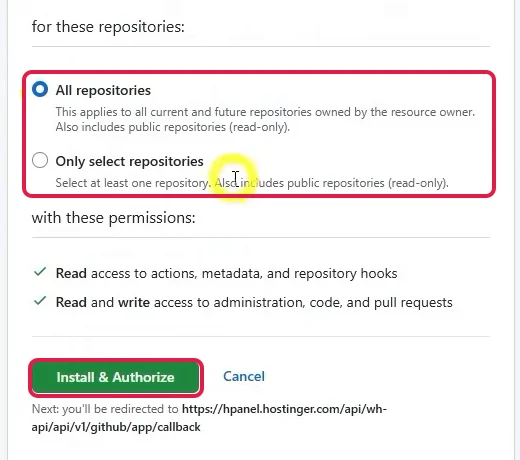 GitHub-Fenster mit der Auswahl All repositories oder Only select repositories und dem Knopf Install und Authorize