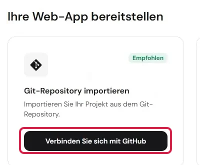 Hostinger-Seite Web-App bereitstellen mit markiertem Knopf Verbinden Sie sich mit GitHub