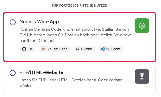 Auswahl Node.js Web-App beim Anlegen einer Website bei Hostinger