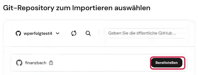 Auswahl des GitHub-Repositorys bei Hostinger mit markiertem Knopf Bereitstellen
