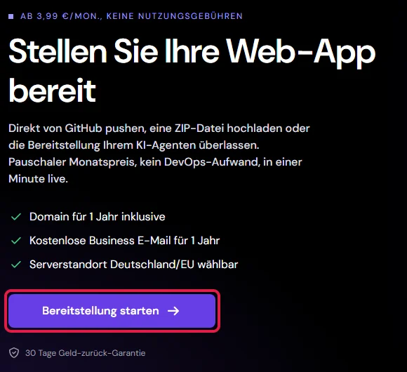 Seite Web-App-Hosting von Hostinger mit markiertem Knopf Bereitstellung starten