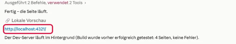 Claude Code nennt die Localhost-Adresse der fertigen Website