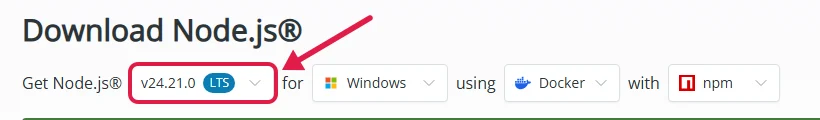 Node.js Download-Seite mit markierter LTS-Version