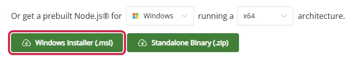 Grüner Knopf Windows Installer auf der Node.js-Seite