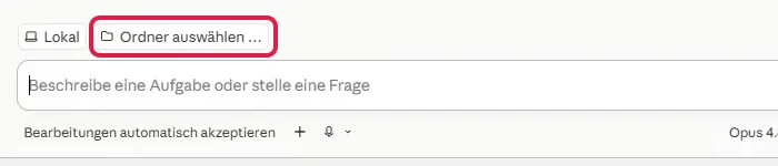 Schaltfläche Ordner auswählen über dem Eingabefeld von Claude Code, rot markiert