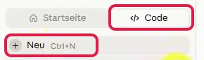 Reiter Code und Eintrag Neu in Claude Desktop, rot markiert
