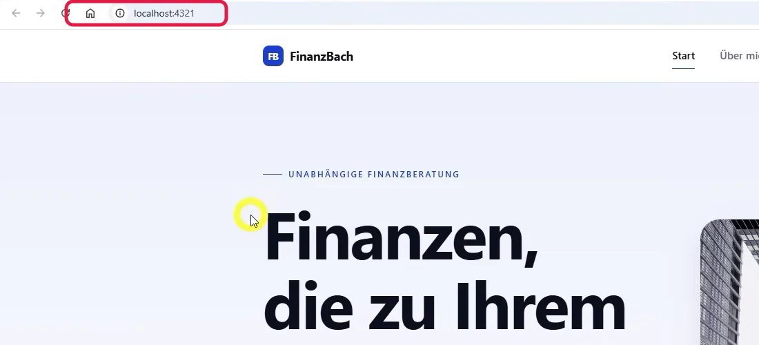Mit Claude erstellte Website im Browser, die Localhost-Adresse ist rot markiert