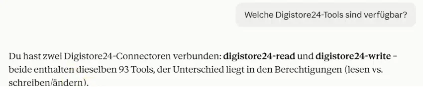 Claude antwortet auf die Testfrage und nennt die Verbindungen digistore24-read und digistore24-write