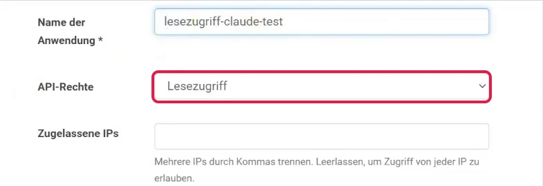 Formular für einen neuen API-Schlüssel in Digistore24, das Feld API-Rechte mit Lesezugriff ist rot markiert