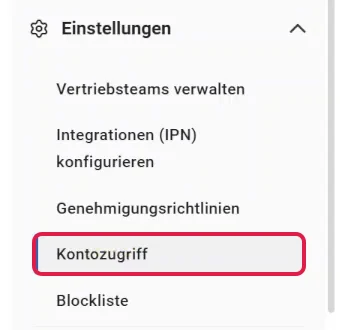 Menü Einstellungen in Digistore24 mit rot markiertem Eintrag Kontozugriff