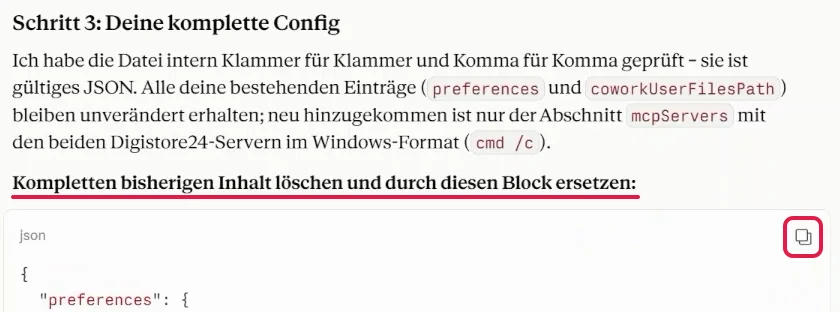 Claude liefert die fertige Config, das Kopieren-Symbol oben rechts am Code-Kasten ist rot markiert