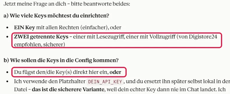 Claude fragt nach der Zahl der API-Schlüssel, markiert sind zwei getrennte Keys und das direkte Einfügen im Chat