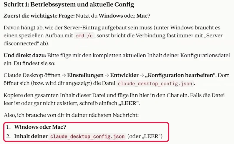 Claude fragt nach dem Betriebssystem und dem Inhalt der Config-Datei, beide Fragen rot markiert