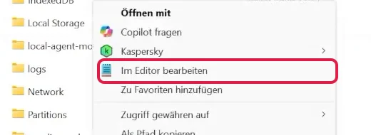 Rechtsklick-Menü im Windows-Explorer mit rot markiertem Eintrag Im Editor bearbeiten