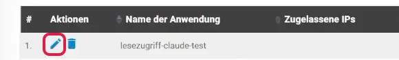 Liste der API-Schlüssel in Digistore24 mit rot markiertem Stift-Symbol zum Bearbeiten