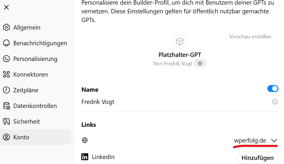 domain mit chatgpt verknuepfen fuer gpt builder profil