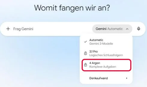 Modellauswahl ohne Abo mit Automatic und markiertem gesperrten Eintrag 4 Argon mit Schloss