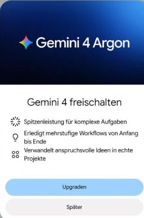Fenster Gemini 4 freischalten mit den Knöpfen Upgraden und Später