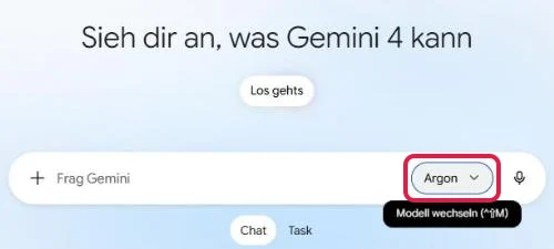 Gemini 4 Argon in der Gemini-App: Eingabefeld mit markiertem Modellknopf Argon und Hinweis Modell wechseln