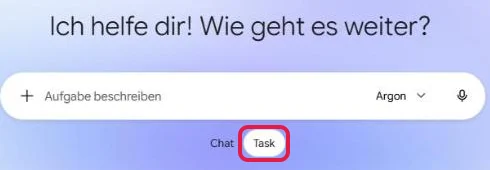 Gemini-App im Modus Task mit dem Feld Aufgabe beschreiben und markiertem Schalter Task