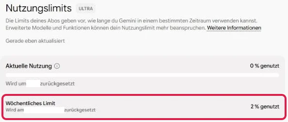 Seite Nutzungslimits mit Aktueller Nutzung und markiertem Wöchentlichen Limit bei 2 Prozent