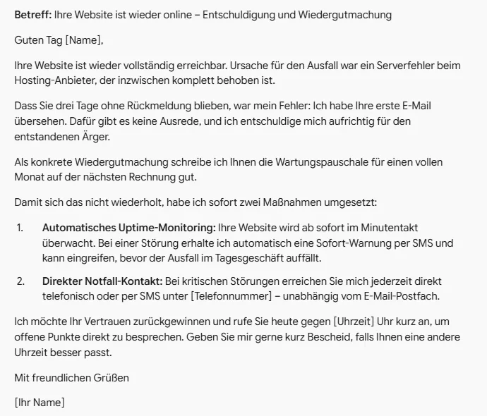 Antwort von Gemini 4 Argon auf die Kundenbeschwerde mit Entschuldigung, Gutschrift und zwei Maßnahmen