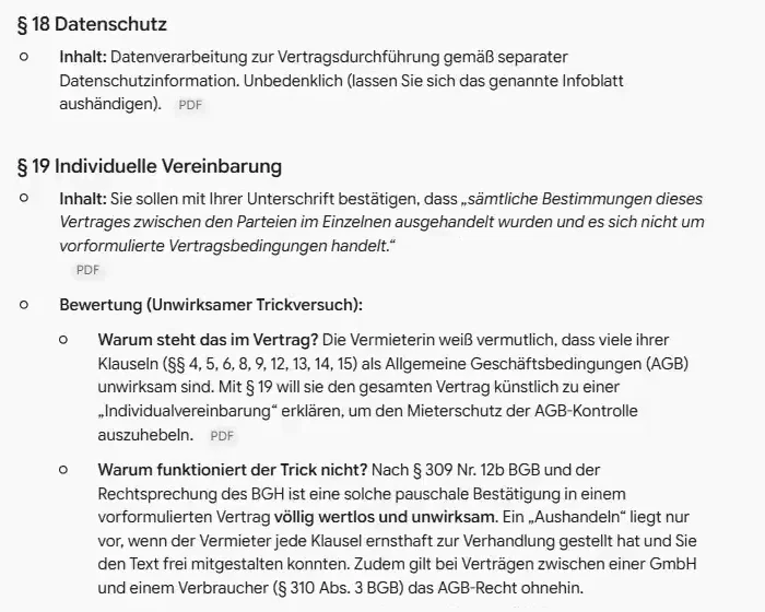 Prüfung des Mietvertrags durch Gemini 4 Argon mit Inhalt und Bewertung je Paragraf