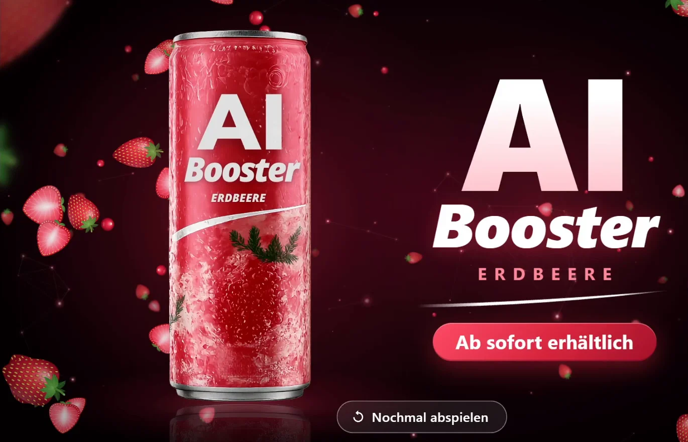 Endbild des Produktteasers von Claude Opus 5.5 mit großer Schrift AI Booster und Knopf Nochmal abspielen