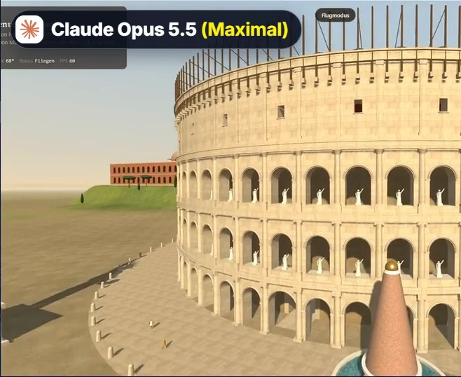 Rom-Simulation von Claude Opus 5.5 mit detailreichem Kolosseum und Statuen in den Bögen