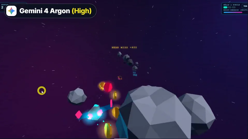 Meteor-Spiel von Gemini 4 Argon mit Raumschiff und grauen Low-Poly-Meteoriten