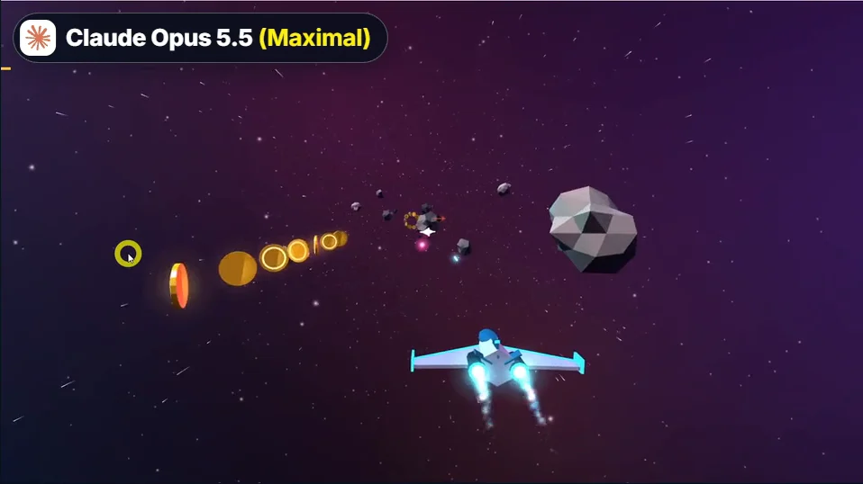 Meteor-Spiel von Claude Opus 5.5 mit Raumschiff, Münzen und einzelnem Meteoriten