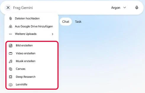 Plus-Menü der Gemini-App mit markierten Werkzeugen von Bild erstellen bis Lernhilfe