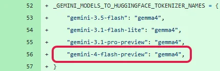 Ausschnitt aus Googles Code für die Gemini API mit rot markierter Zeile gemini-4-flash-preview