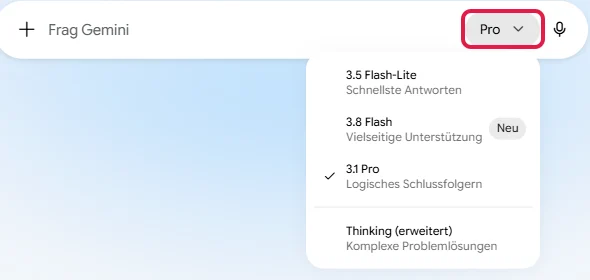 Modellauswahl der Gemini-App mit markiertem Knopf Pro und Einträgen wie 3.8 Flash, noch ohne Gemini 4