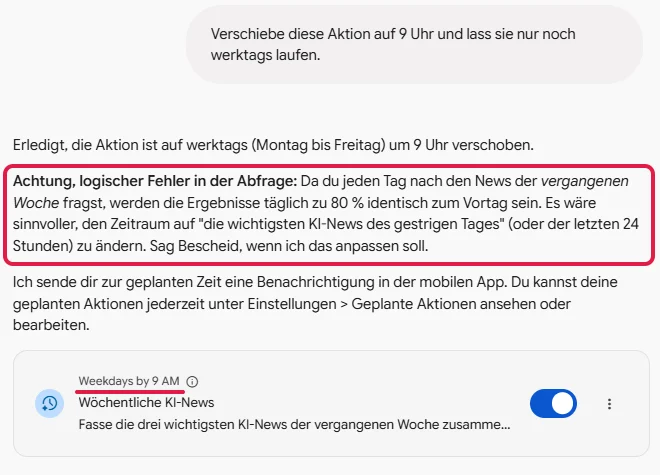 Antwort von Gemini mit dem Hinweis auf einen logischen Fehler in der Abfrage und der Karte Weekdays by 9 AM, rot markiert