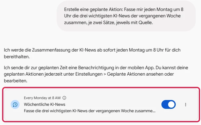 Bestätigung von Gemini mit der Karte Wöchentliche KI-News und dem Zeitplan Every Monday at 8 AM, rot markiert
