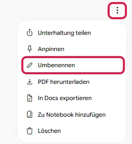 Menü der drei Punkte oben rechts im Chat mit dem Eintrag Umbenennen, rot markiert