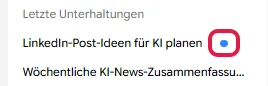 Seitenleiste mit einem Chat unter Letzte Unterhaltungen und blauem Punkt als Ungelesen-Markierung, rot markiert