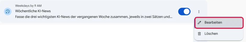 Geöffnetes Menü der drei Punkte mit Bearbeiten und Löschen, Bearbeiten rot markiert