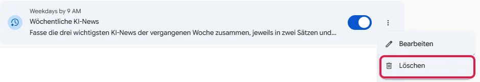 Geöffnetes Menü der drei Punkte, Löschen rot markiert