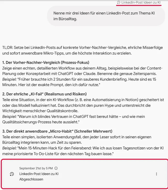 Ergebnis einer einmaligen Aktion mit drei LinkedIn-Ideen im Chat und der Karte mit dem Status Abgeschlossen, rot markiert